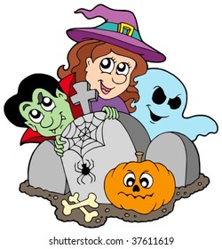 Cemetery with Halloween characters - vector illustration.