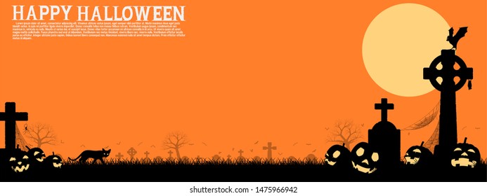 Cemetery in the Halloween night.there are 2 unique layer black and yellow on orange background. Easy to change color
