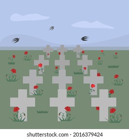 Cemetery headstone crosses with poppies. Swallows fly in the sky. Poppy field Vector illustration for Remembrance Day, Anzac Day