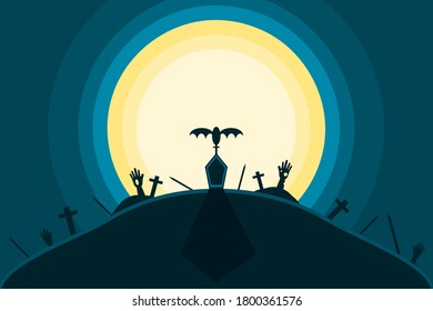 Cemetery hill with cross and full moon with zombie hand from the grave in night flat vector. Halloween concept.