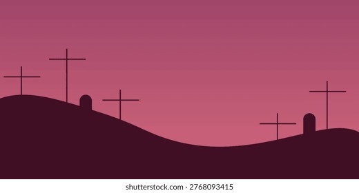 Cemetery in hill. Halloween background with trees, tombstones and fireflies. Halloween purple, violet template.