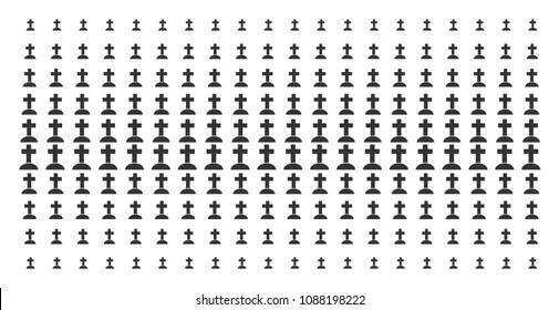 Cemetery icon halftone pattern, designed for backgrounds, covers, templates and abstract effects. Vector cemetery objects organized into halftone grid.