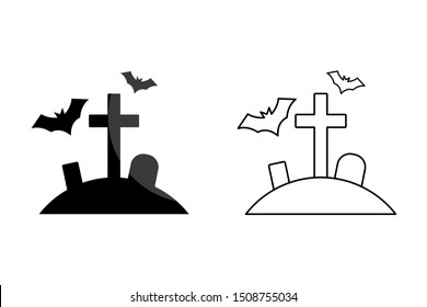 Cemetery icon. Halloween tomb with crosses. Flat style. Isolated on white background. 