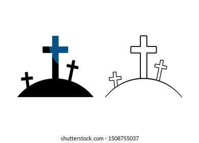 Cemetery icon. Halloween tomb with crosses. Flat style. Isolated on white background. 