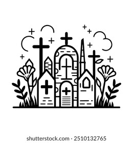 cemetery icon or modern line symbol. Vector line art and icon design with bold outline. Black and white Pixel Perfect minimalistic symbol isolated white background. Silhouette simple thin sign