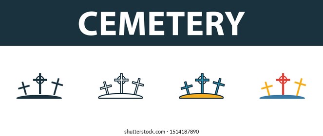 Cemetery icon set. Premium simple element in different styles from halloween icons collection. Set of cemetery icon in filled, outline, colored and flat symbols concept.