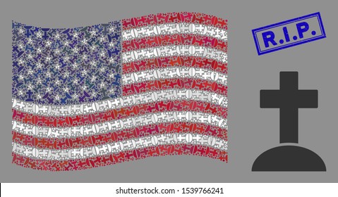 Cemetery icons are arranged into American flag abstraction with blue rectangle grunge stamp seal of R.I.P. text. Vector composition of American waving official flag is created of cemetery icons.
