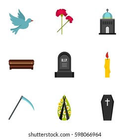 Cemetery icons set. Flat illustration of 9 cemetery vector icons for web