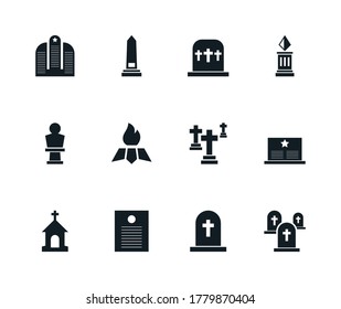 Cemetery icons set. Vector black funeral icons. Flat illustration