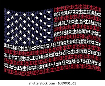 Cemetery items are composed into waving American flag abstraction on a dark background. Vector concept of American state flag is formed with cemetery elements.