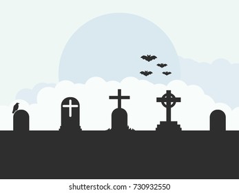 Cemetery landscape, graves, bats, flat style. Vector illustration