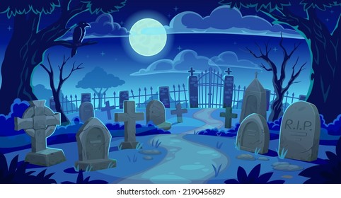 Cemetery landscape, graveyard tombstones background, vector Halloween horror night. Cartoon cemetery landscape with scary tombstones and spooky moon, RIP gravestones and creepy dark graves