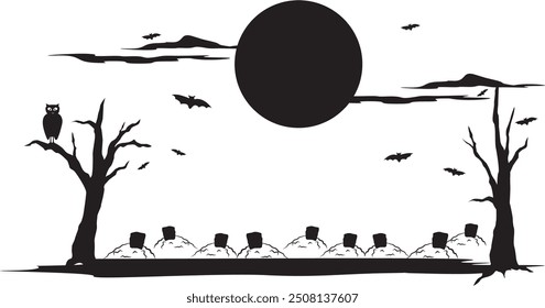 Cemetery in the middle of Halloween night. Cemetery surrounded by dried trees, bats and owl on the full moon night. Vector illustration.