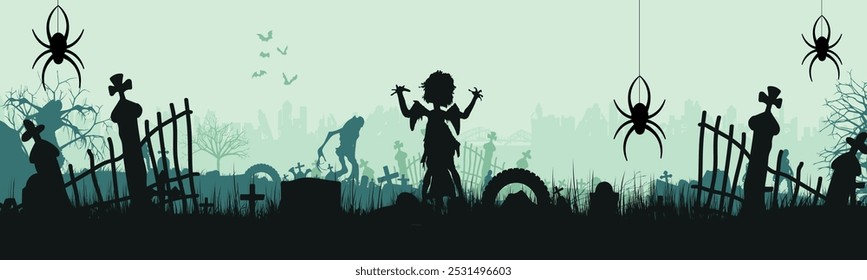 Cementerio con monstruos para Halloween. Festival de monstruos en las tumbas. Gráficos de Vector. Panorama