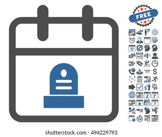 Cemetery Monument Day icon with bonus calendar and time management images. Vector illustration style is flat iconic bicolor symbols, cobalt and gray colors, white background.