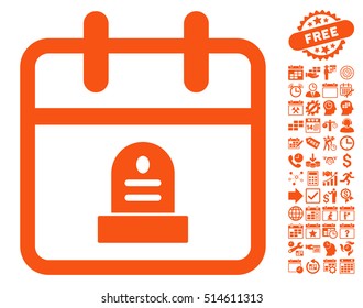 Cemetery Monument Day icon with bonus calendar and time management design elements. Vector illustration style is flat iconic symbols, orange color, white background.