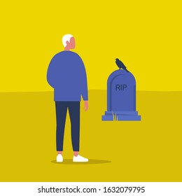 Cemetery monument, Young male character standing in front of the graveyard, Death and loss