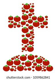 Cemetery mosaic of tomato in variable sizes. Vector tomato vegetable elements are composed into cemetery shape. Vegetable vector design concept.