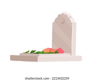 Cemetery. Muslim tombstone. Grave. Flowers on a stone. Pink bouquet. Vector illustration.