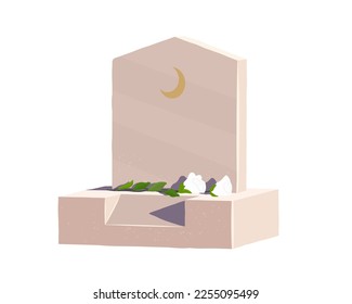 Cemetery. Muslim tombstone. Grave. Flowers on a stone. White bouquet. Vector illustration.