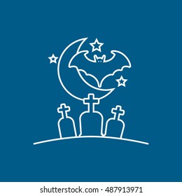 Cemetery With Night Moon And Bat Halloween Concept Line Icon On Blue Background