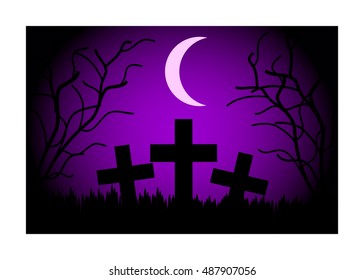 Cemetery at night with moon and branches.
