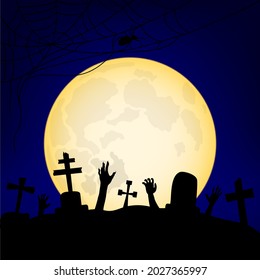 Cemetery at night on halloween. Zombies rise from their graves.