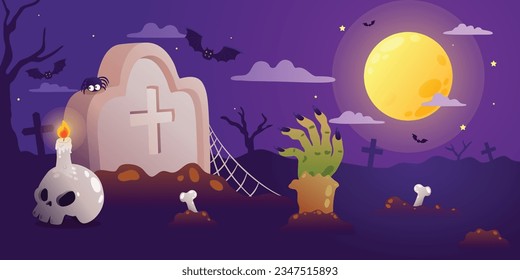 Cemetery at Night, A Spooky Halloween Illustration of a Haunted Graveyard, Vector, Illustration