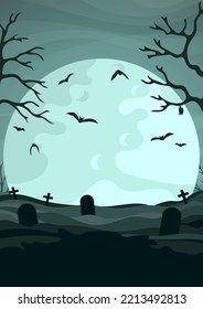 Cemetery on the background of the moon with bats. Cartoon illustration. Vector.