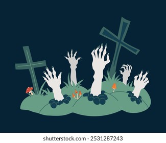 Cementerio en Halloween, horror zombie hands mira fuera de las tumbas con cruces en el cementerio. Antiguo cementerio para las vacaciones de octubre. Ilustración vectorial aislada