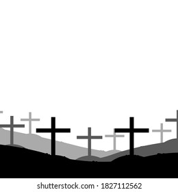 Cemetery on a white background. Grave, Cross, Space for text. Vector illustration.