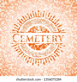 Cemetery orange tile background illustration. Square geometric mosaic seamless pattern with emblem inside.