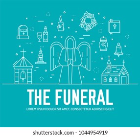 Cemetery otline with different graves and small Christian church in sunny day. Layout modern vector background illustration thin line design concept