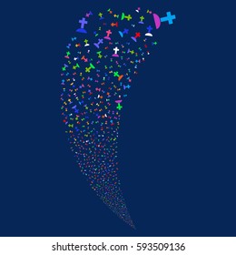 Cemetery random fireworks stream. Vector illustration style is flat bright multicolored iconic symbols on a blue background. Object fountain combined from scattered icons.