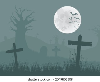 CEMETERY SCENE WITH FULL MOON AND BATS FLYING