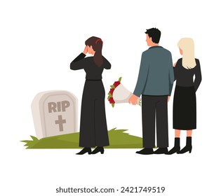 Cemetery scene with grieving relatives and family visiting the grave of the deceased, flat vector illustration isolated on white background. Funeral service at cemetery.