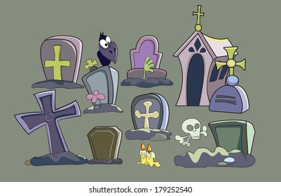 cemetery set, vector illustration on gray background