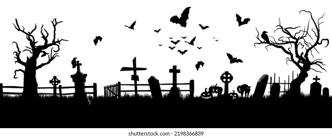Cemetery silhouette graveyard with tombstones and creepy trees around.With grave crosses, creepy pumpkins and a flock of bats flying over the cemetery. Scary Halloween ilustration.