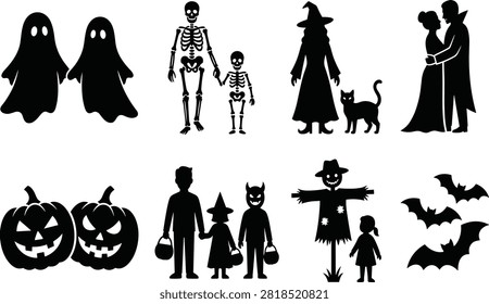 Cemetery silhouette vector set featuring gravestones, mausoleum entrance, angel statue, lantern, sarcophagus, gate, and memorial designs