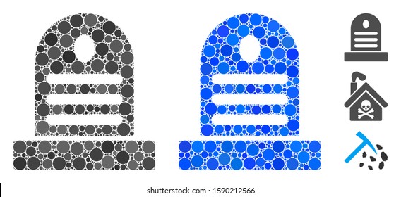 Cemetery stone composition of small circles in various sizes and color tones, based on cemetery stone icon. Vector small circles are organized into blue mosaic.