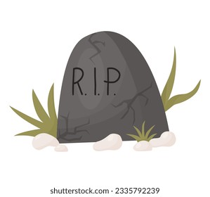Cemetery stone grave in grass. Vector illustration in cartoon style. Conceptual element for design of themes of death, grief, graveyard and Halloween holiday