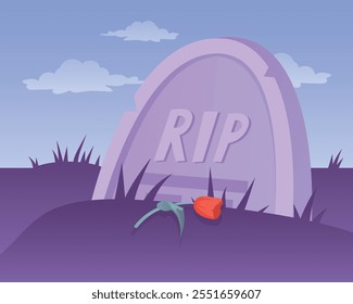 Cemetery stone illustration. Graveyard scene with rip on tombstone. Vector illustration