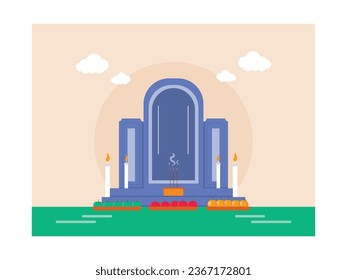 Cemetery stone tomb with candles, incense. Memorial of the deceased in china. Character design. Vector flat illustration