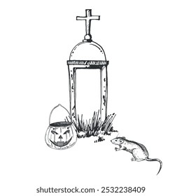 Cemitério, lápide de pedra com cruz, abóbora de Halloween, rato. Composição vetorial, todos os objetos são desenhados à mão com tinta e convertidos em vetor. Para impressão de Halloween, cartões postais, convites, design.