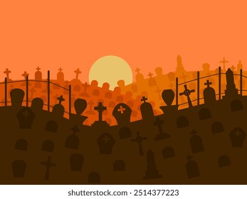 Cemitério ao pôr do sol. Fundo de Halloween com túmulos ao pôr do sol, túmulos com cruzes. Silhueta de um cemitério com lápides e cruzes de sepultura. Design para banners e cartazes. Ilustração vetorial