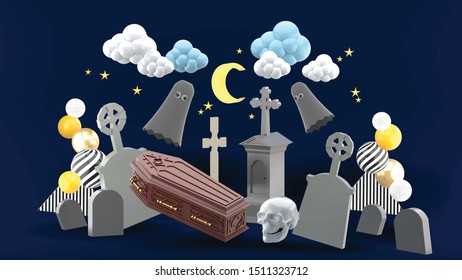 The cemetery is surrounded by gravestones and ghosts under the night sky.
