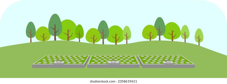 A cemetery surrounded by nature