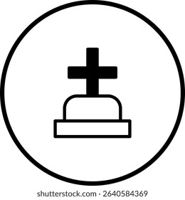 Cemetery symbol: A simple vector image showcasing a cross on tombstone inside a circle