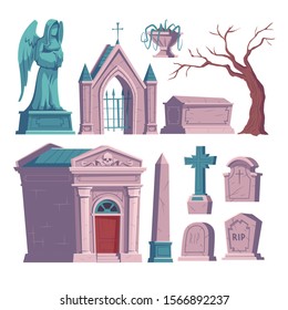 Cemetery symbols, tombstone with RIP inscription, cartoon vector. Gravestones with cross, angel figure, ossuary or crypt and sarcophagus or coffin, halloween illustration isolated on white background