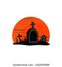 Cemetery. Template with sunset and tombstones. Halloween. Vector illustration